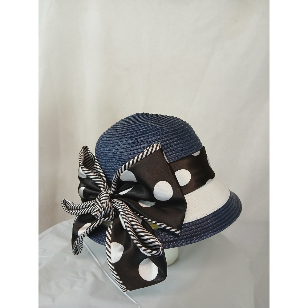 August Hat Company Navy White Woven Cloche Hat Oversized Polka Dot Bow Accent